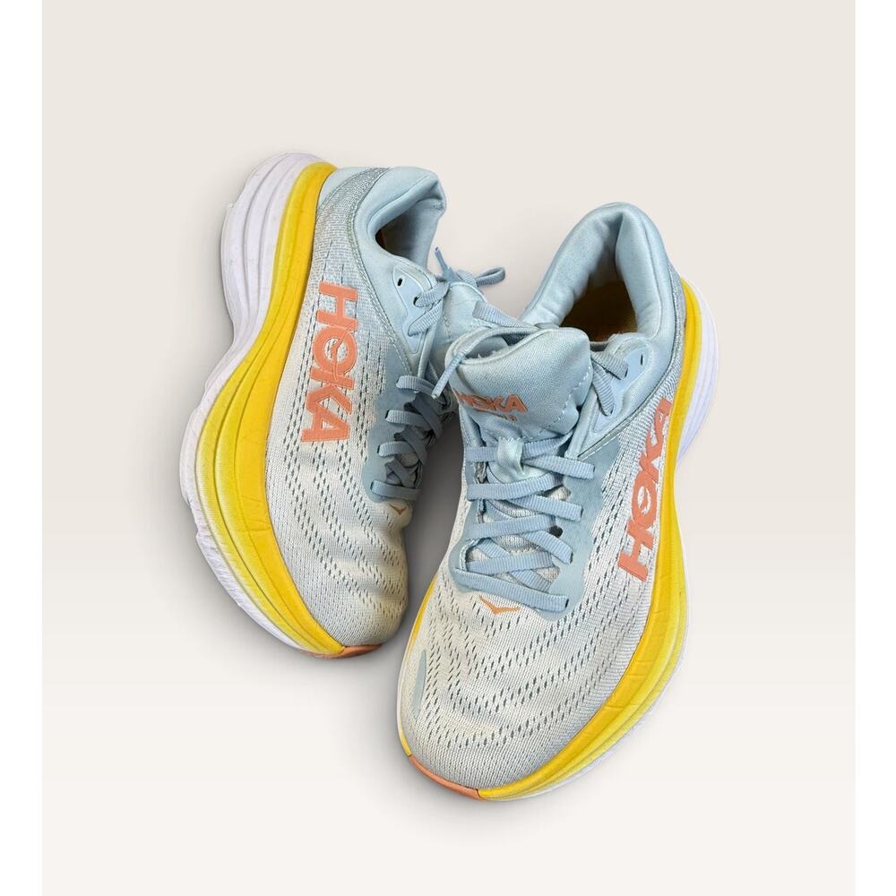 HOKA Bondi 8 Women's 7.5 Wide Blue Yellow Coral Running Shoes